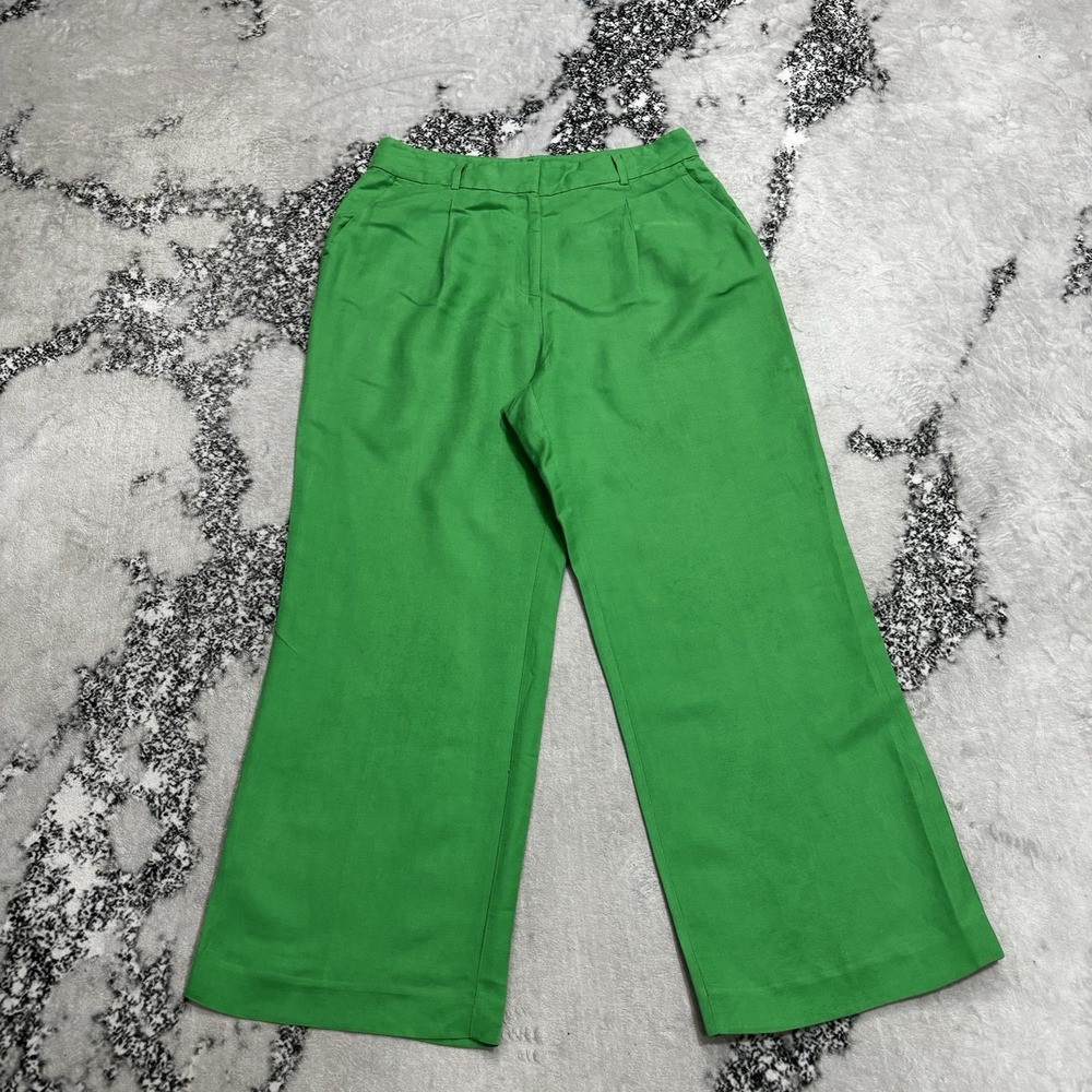 LOFT Peyton Trouser Women's Size 12P Linen Blend Wide Leg Pants Green Pleated